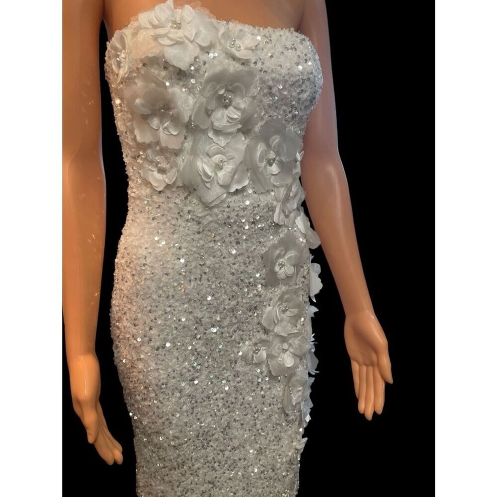 NWT-Helsi Liliana Strapless Floral Appliqué Stretch Sequin Midi Dress XS Ivory - Picture 5 of 13